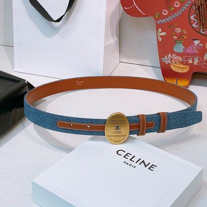 CELINE 26S BELT 25 MM IN BLUE DENIM AND BROWN CALFSKIN 631595