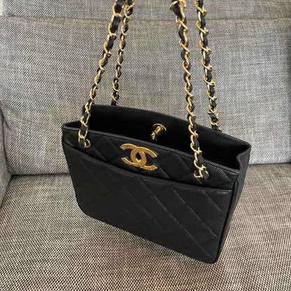 Chanel 2026 Vintage Shopping Tote Bag 28cm Black Embossed Calfskin