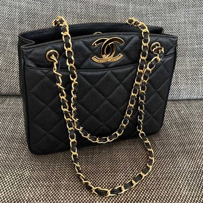 Chanel 2026 Vintage Shopping Tote Bag 28cm Black Embossed Calfskin