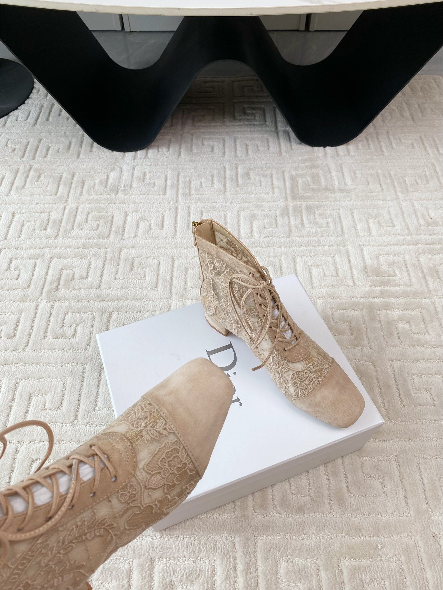 CD Naughtily-D Heeled Ankle Boot Beige Transparent Mesh Roses Embroidery And Suede