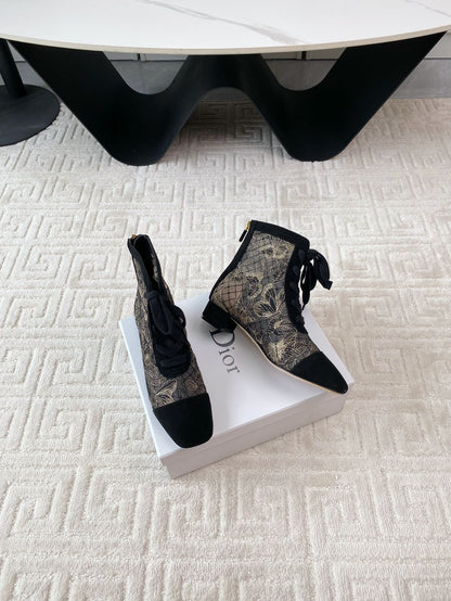 CD Naughtily-D Heeled Ankle Boot Black Transparent Mesh Butterfly And Suede