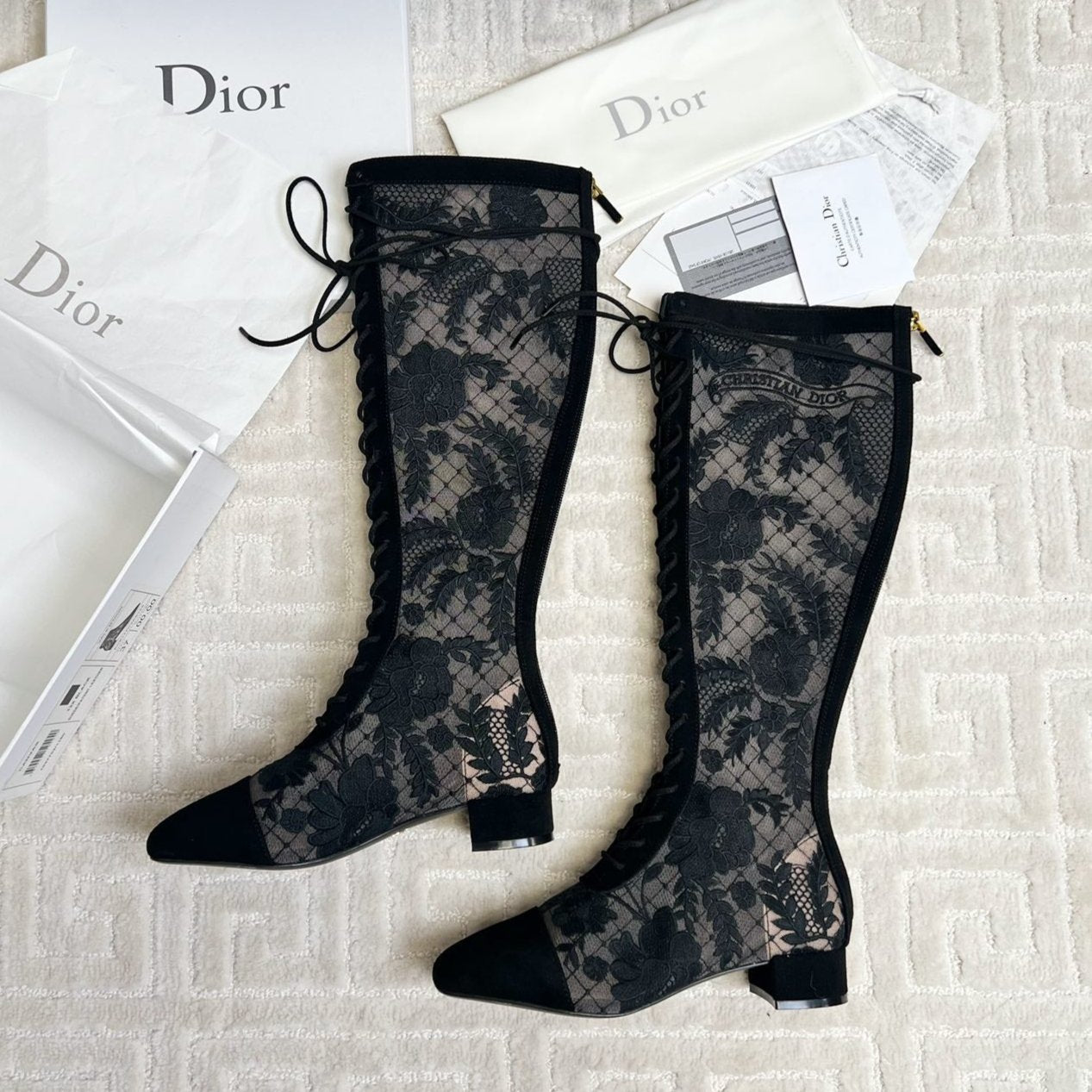CD Naughtily-D Heeled High Boots Black Transparent Mesh Roses Embroidery And Suede