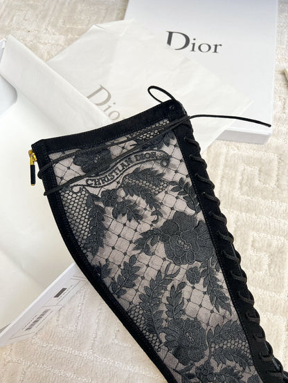 CD Naughtily-D Heeled High Boots Black Transparent Mesh Roses Embroidery And Suede