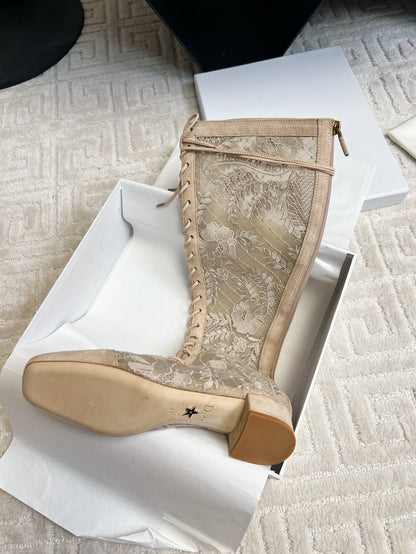 CD Naughtily-D Heeled High Boots Beige Transparent Mesh Roses Embroidery And Suede