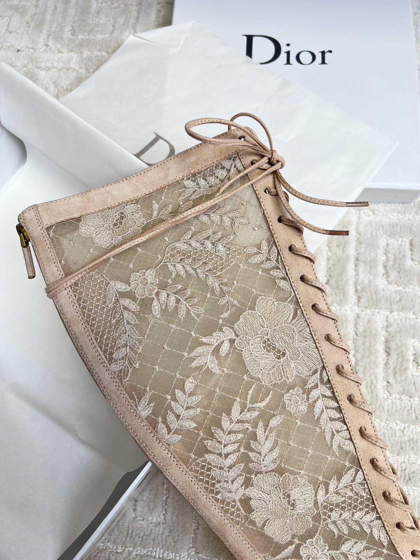 CD Naughtily-D Heeled High Boots Beige Transparent Mesh Roses Embroidery And Suede