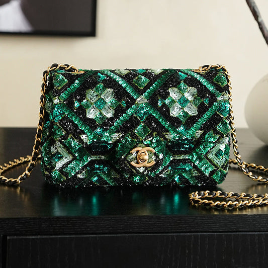 Chanel 2026 Flap Bag 20cm Green Mix Colors Sequin Leather