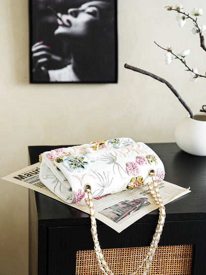 Chanel 2026 Multi-colored Floral Embroidery Bag 25.5cm White Leather