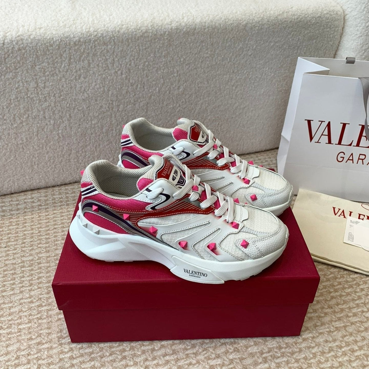 Valentino Sneaker 50mm In White Mix Red Pink Mesh Fabric And Cowhide 814276