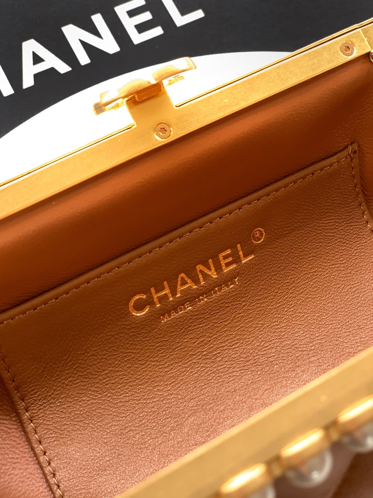 Chanel 2026 Pearl Clutch Brown Gold Lambskin 321879