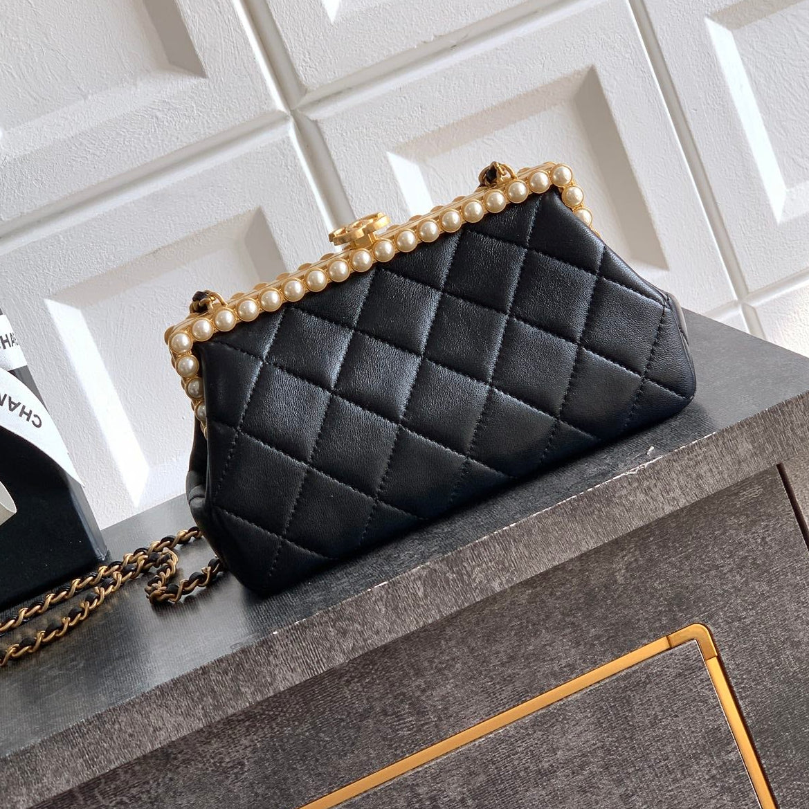 Chanel 2026 Pearl Clutch Black Gold Lambskin 321877