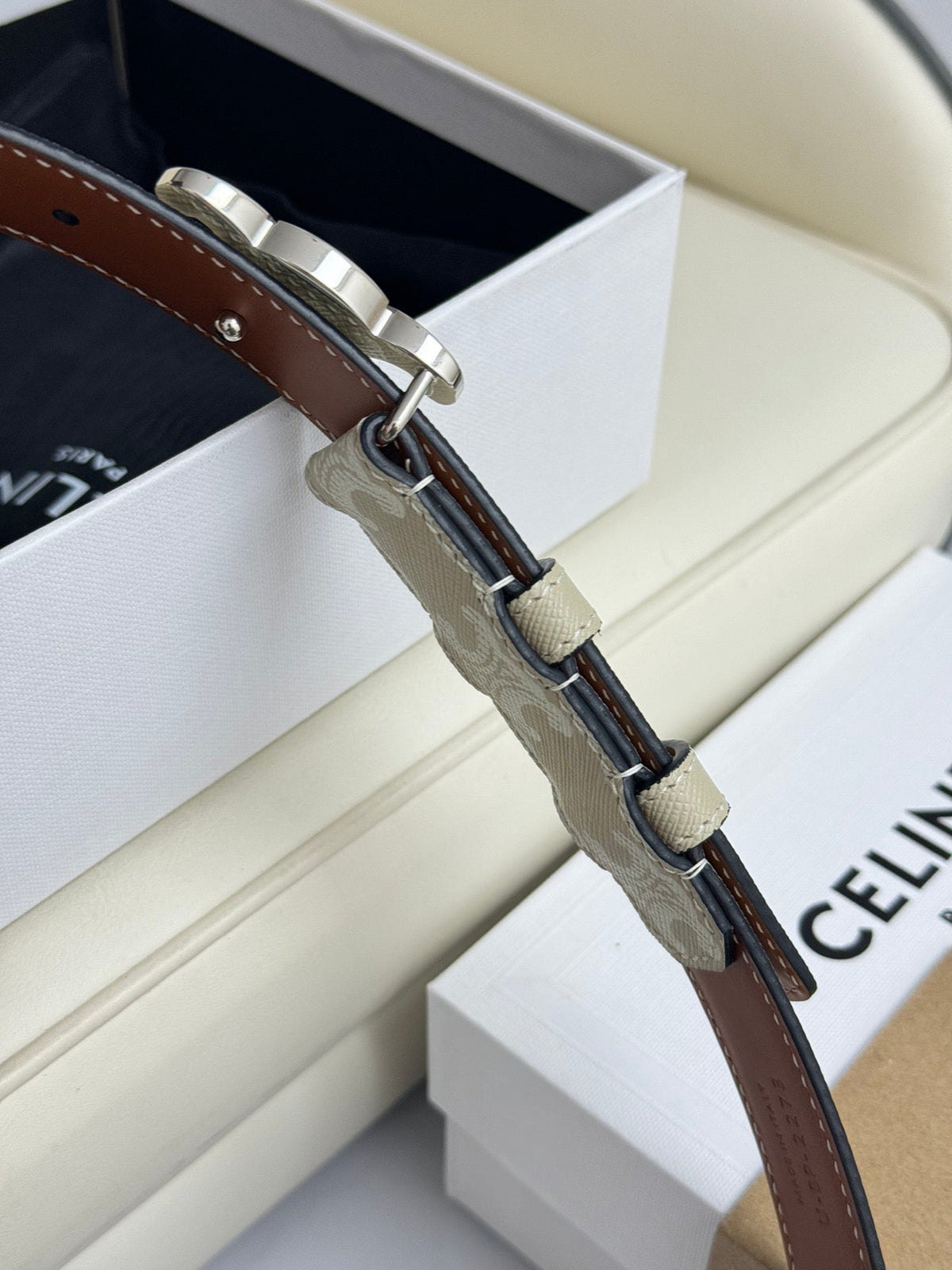 CEL Silver 25mm Triomphe Belt White Beige Canvas 180419