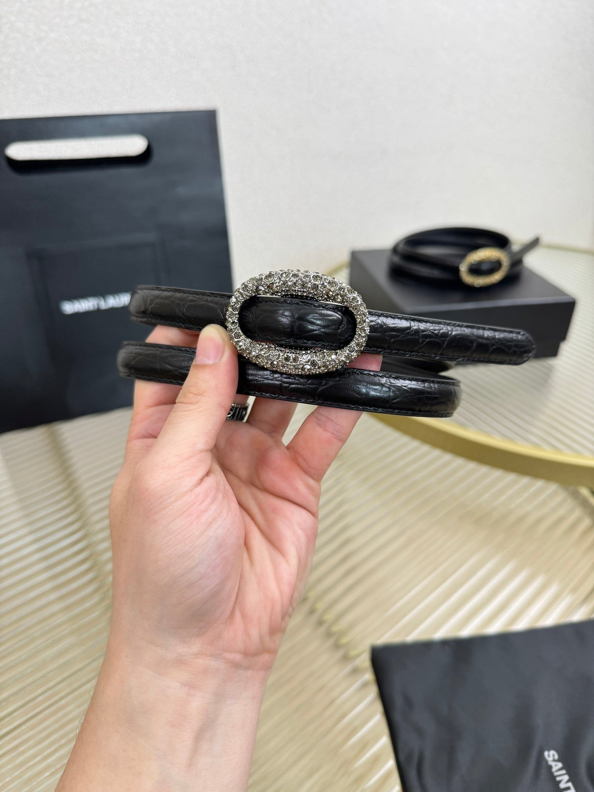 YSL 1.5 Sliver Oval Buckle Belt Black Embossed Leather 200476
