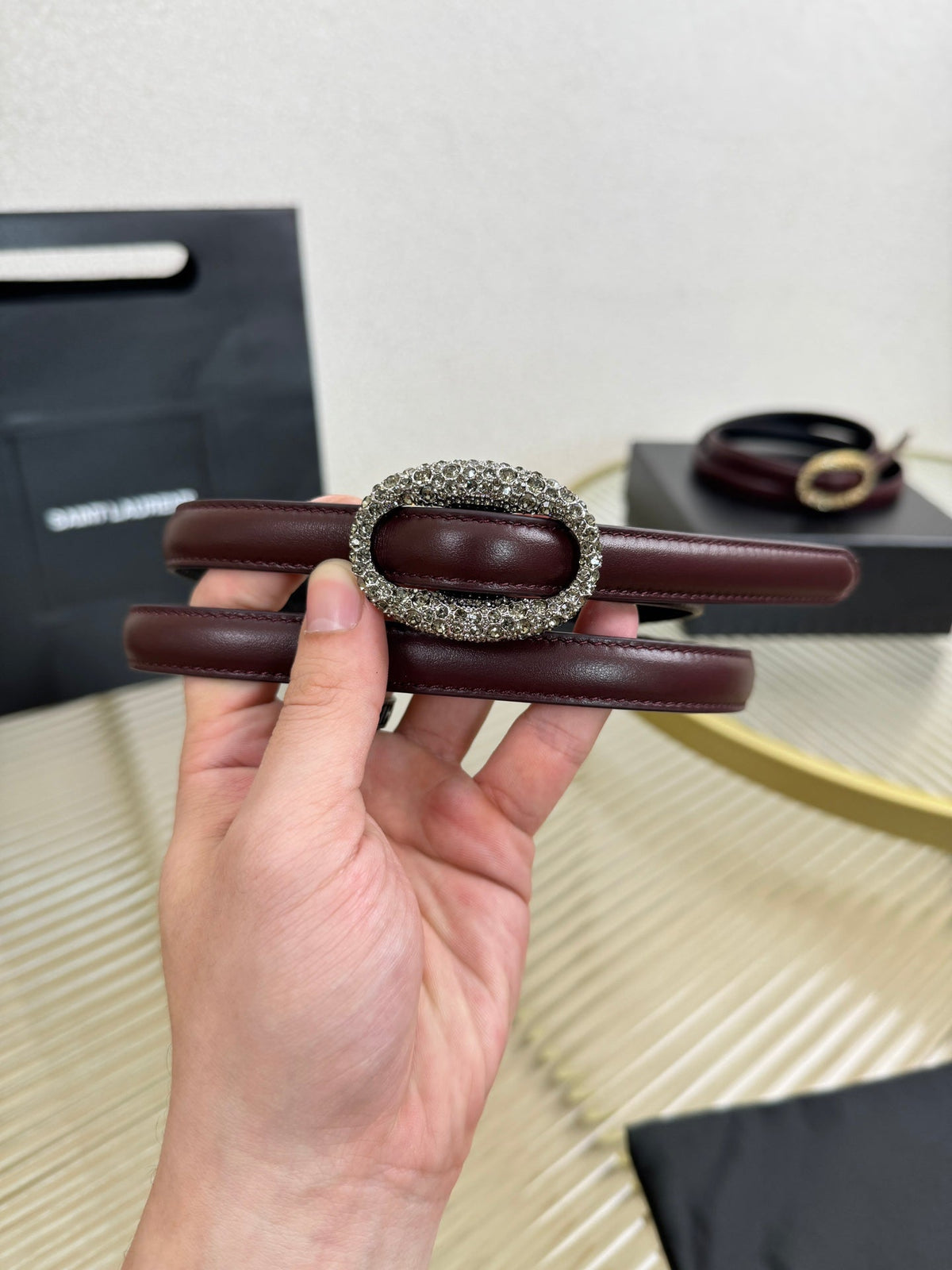 YSL 1.5 Sliver Oval Buckle Belt Burgundy Leather 200482