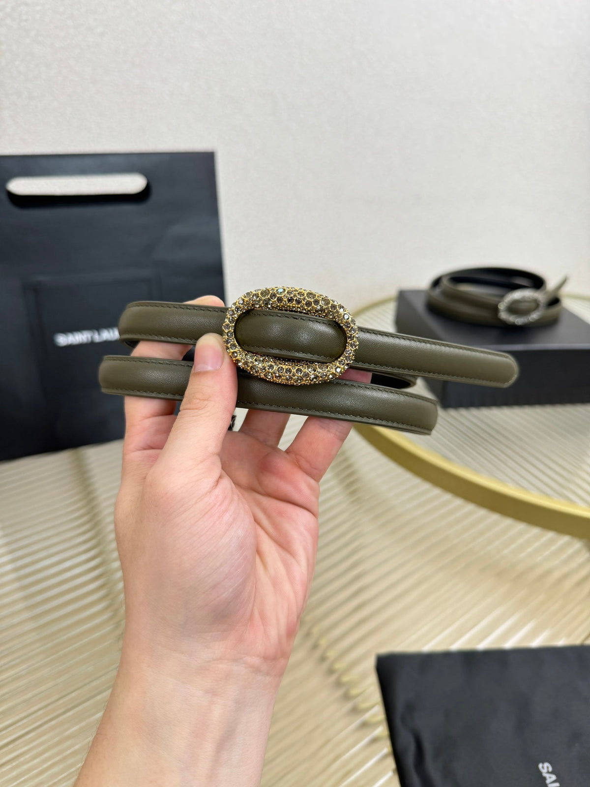 YSL 1.5 Gold Oval Buckle Belt Olive Green Leather 200479