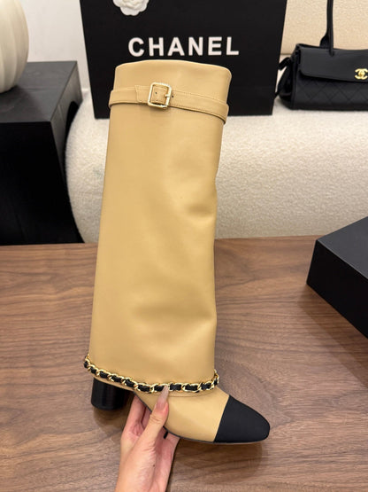CC 26B Fold-Over Knee Boots 6.5cm Beige Black Canvas Leather 122436