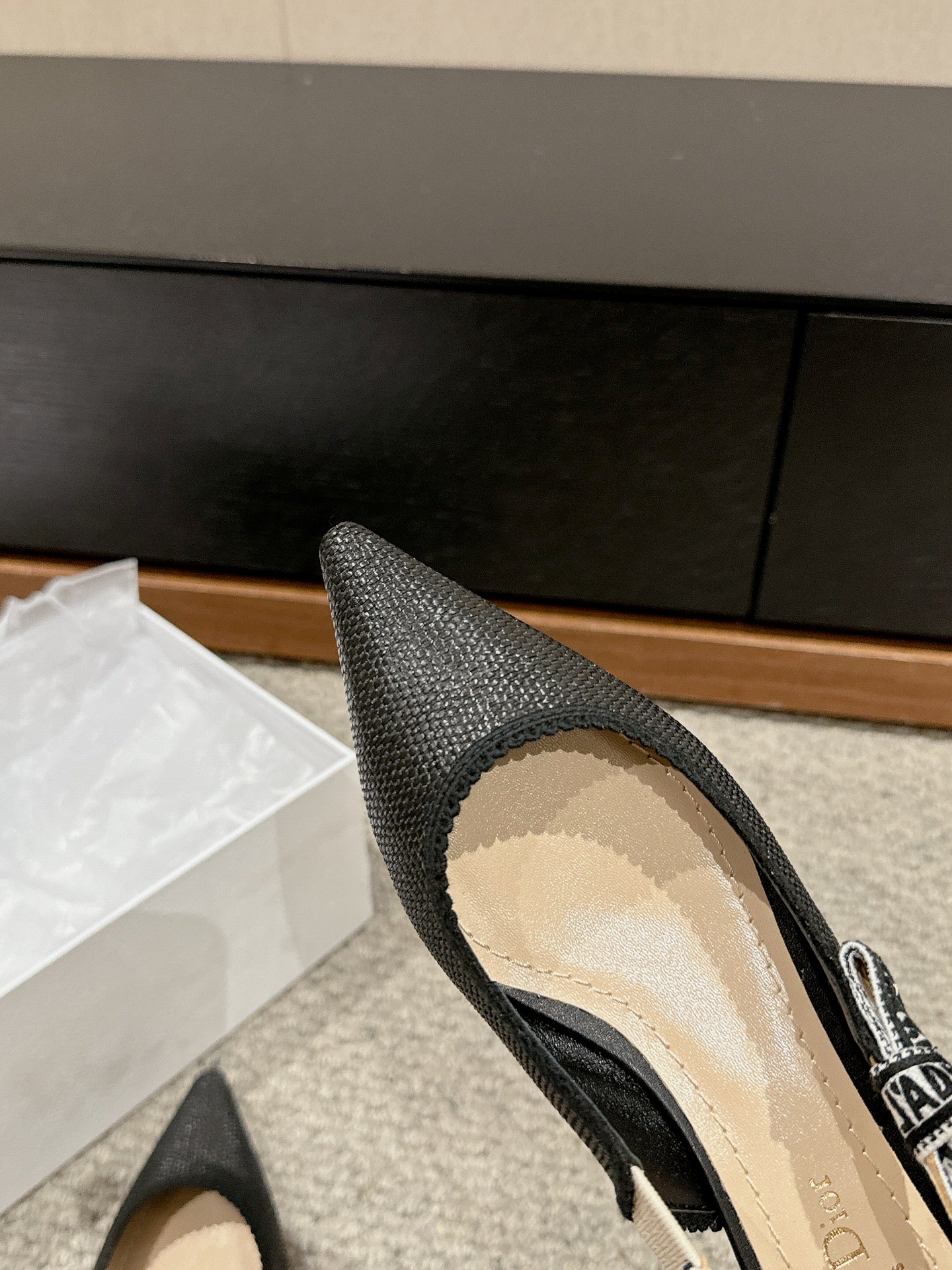 cd slingback flat black raffia lambskin