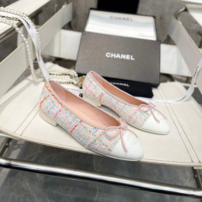 CC Bow Ballet Flats White Colorful Tweed Lambskin 818100
