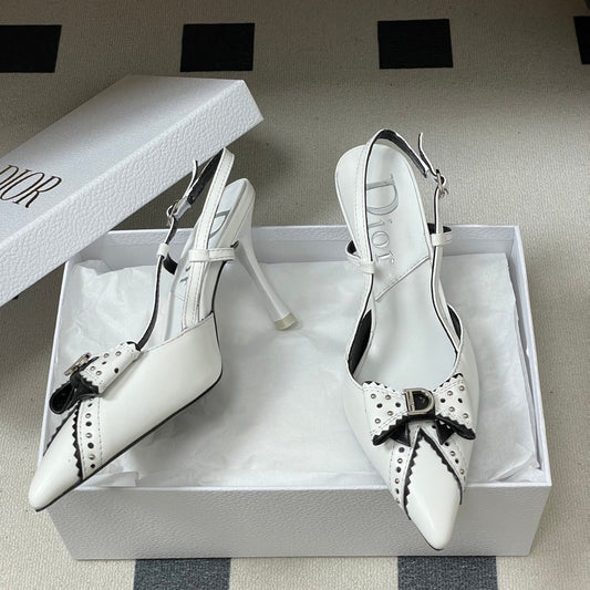 CD 26 D'Trick Slingback Heels 10cm White Bow Detail Sheepskin 632582