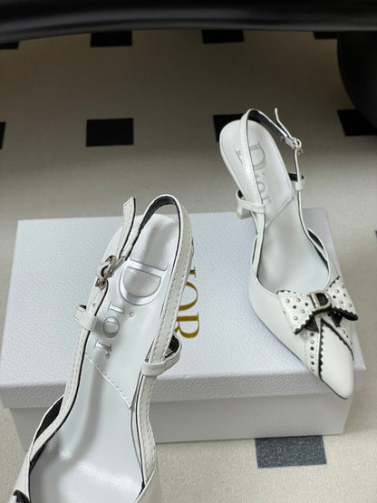 CD 26 D'Trick Slingback Heels 10cm White Bow Detail Sheepskin 632582