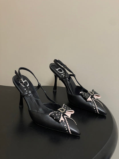 CD 26 D'Trick Slingback Heels 10cm Black Bow Detail Sheepskin 632583