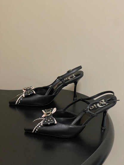 CD 26 D'Trick Slingback Heels 10cm Black Bow Detail Sheepskin 632583