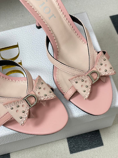 CD 26SS D'Trick Heeled Sandal 10cm Powder Pink Bow Detail Sheepskin 632579