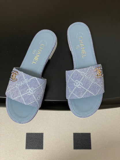 CC 26s Flat Sandals Blue Canvas Sheepskin Double C 649506