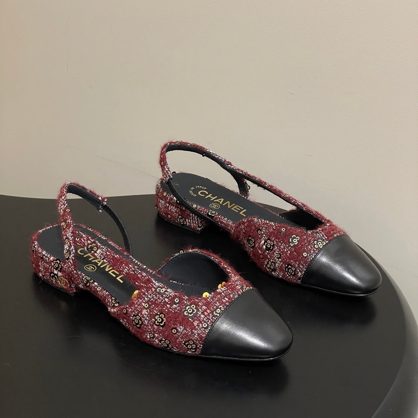 CC 26s Slingback Dark Red Black Tweed Sheepskin 649424