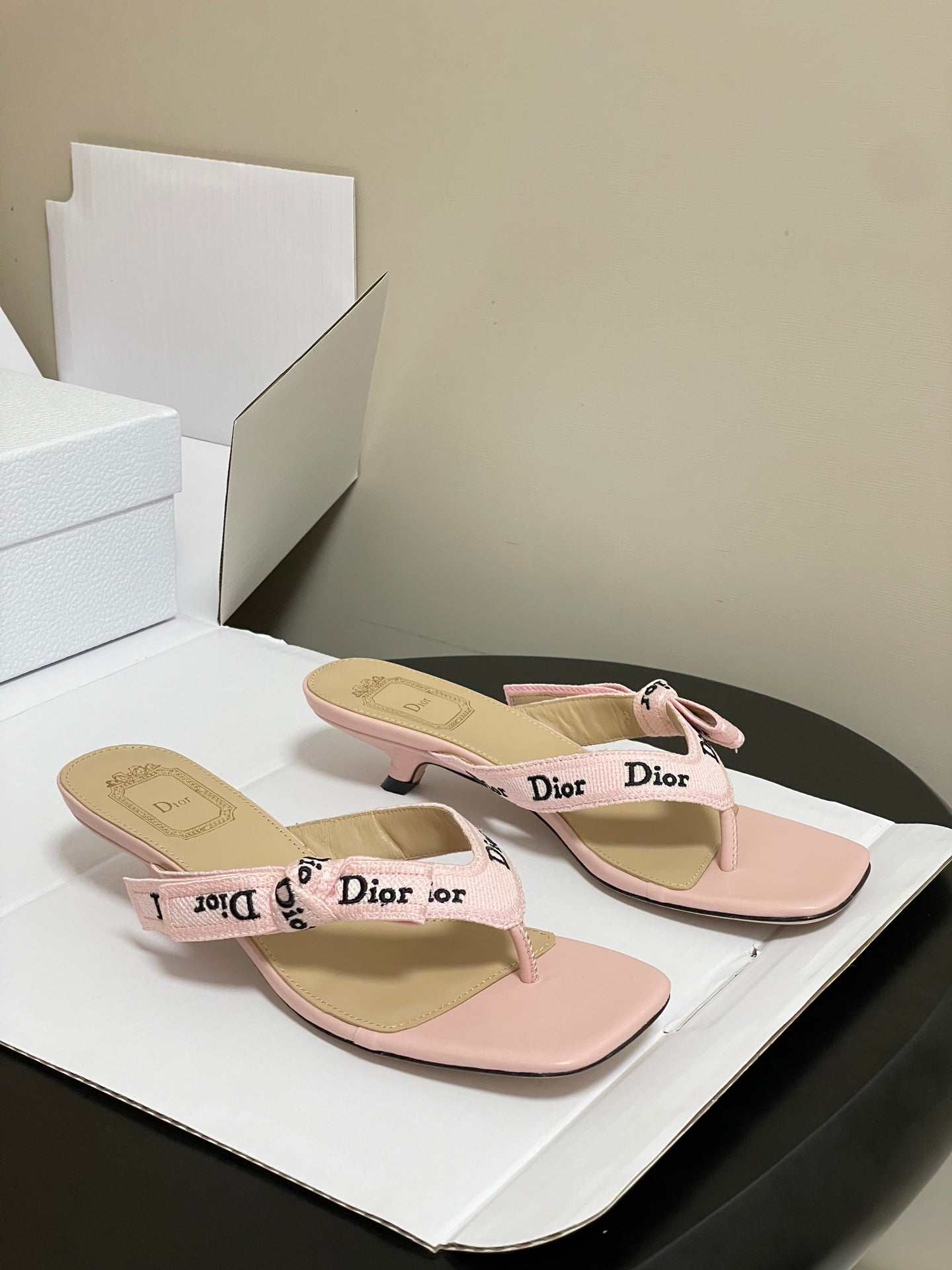 CD J'Adior Heeled Thong Sandal Pink Beige Leather 834939