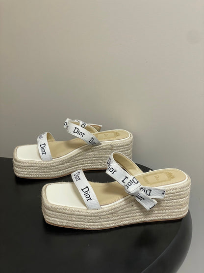 CD J'Adior Wedge Slide Straps Cream Beige Leather 834937