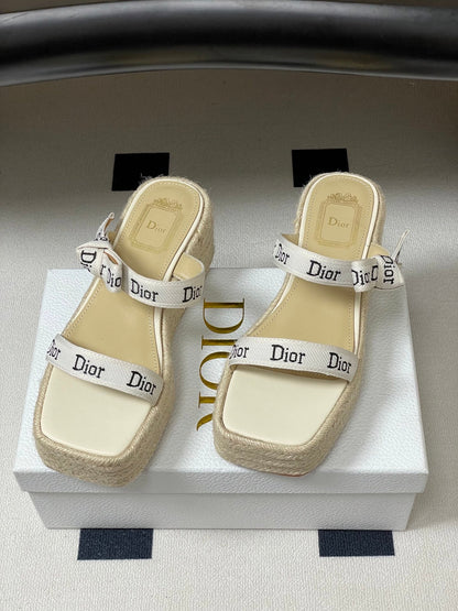 CD J'Adior Wedge Slide Straps Cream Beige Leather 834937