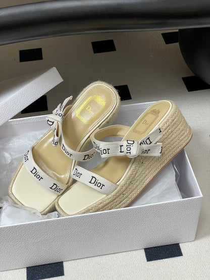 CD J'Adior Wedge Slide Straps Cream Beige Leather 834937
