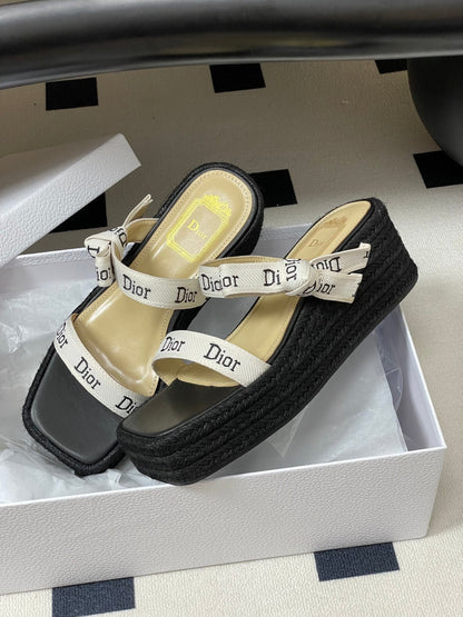 CD J'Adior Wedge Slide Straps Black Beige Leather 834938