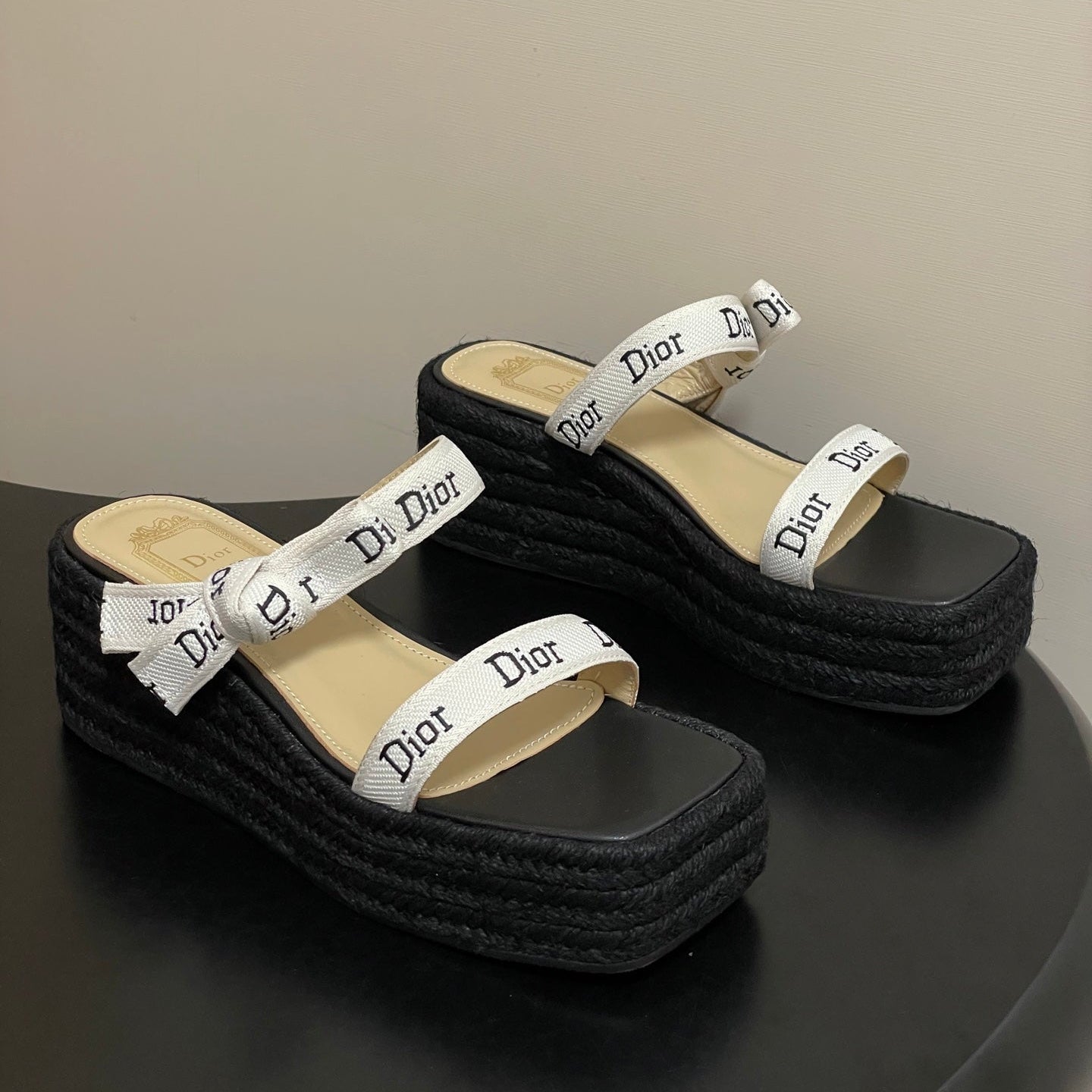 CD J'Adior Wedge Slide Straps Black Beige Leather 834938
