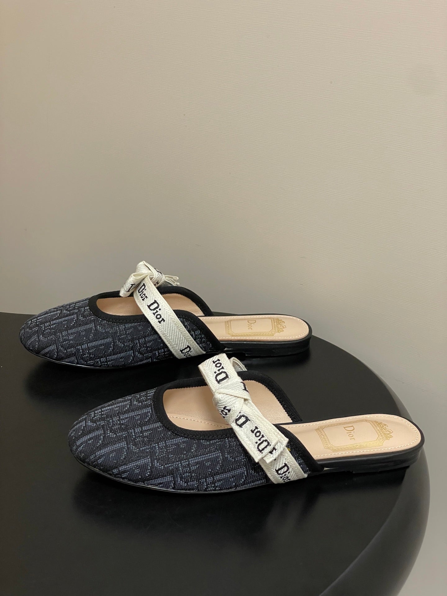 CD J'Adior Mules Navy Blue Beige Leather Cotton 834932