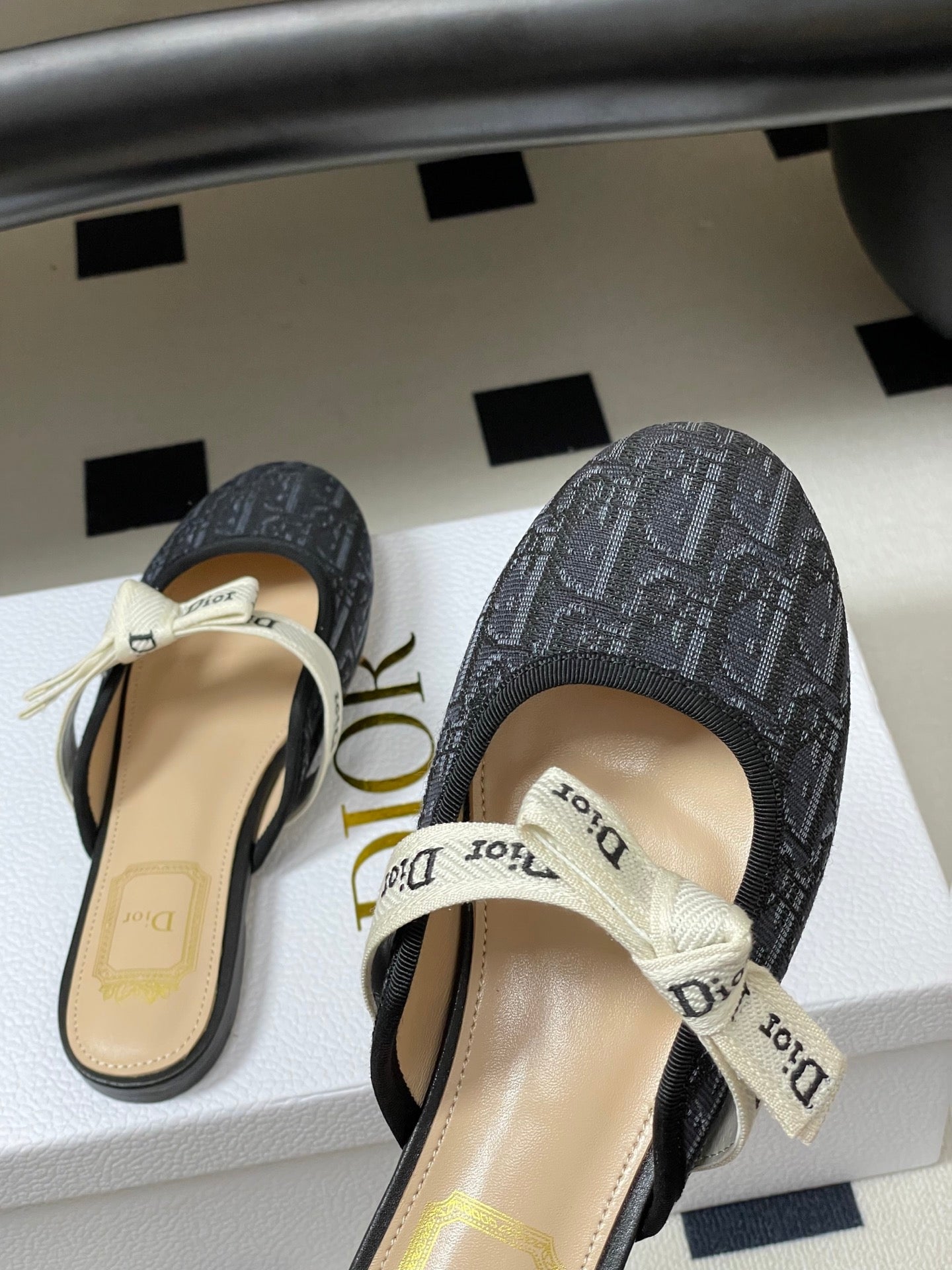 CD J'Adior Mules Navy Blue Beige Leather Cotton 834932