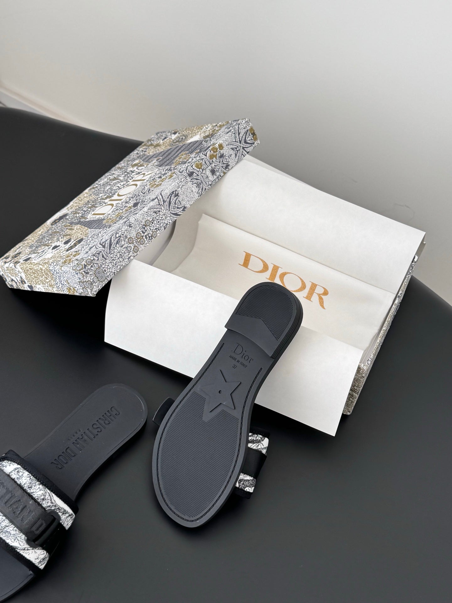 CD D-Wander Slide Black Dior Oblique Printed Technical Fabric 540691