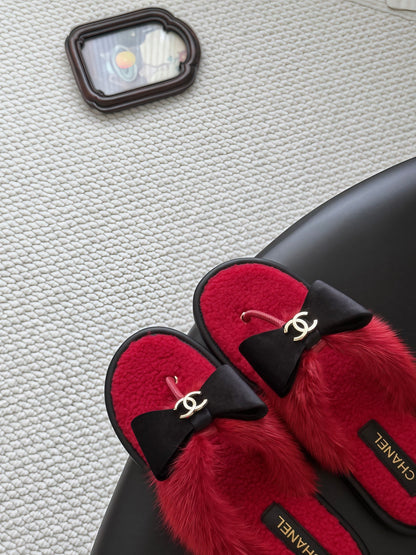 CC 26s Bowknot Thong Sandals Red Furry Shearing 969674