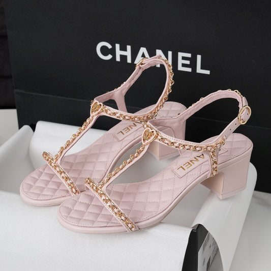 CC 26s Heart CC T-Strap Sandals Light Pink Quilted Leather 964933