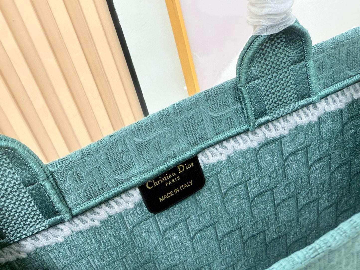 Dior Dioramour Book Tote Teal Green Dior Oblique Embroidery with White Lace