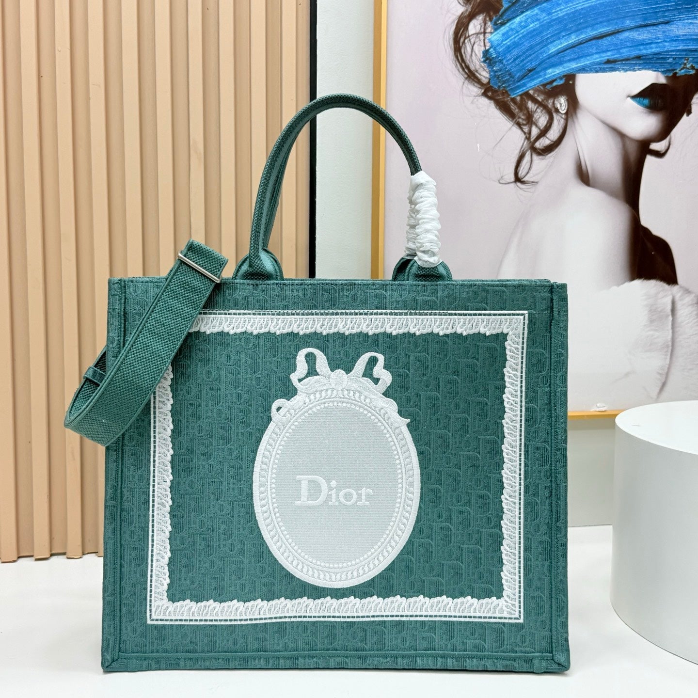 Dior Dioramour Book Tote Teal Green Dior Oblique Embroidery with White Lace
