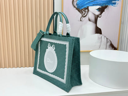 Dior Dioramour Book Tote Teal Green Dior Oblique Embroidery with White Lace