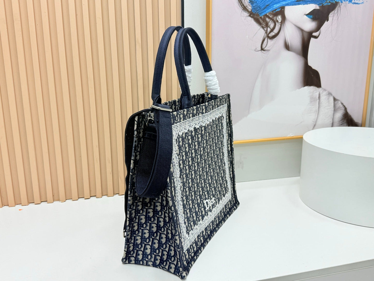 Dior Book Tote Blue Dior Oblique Embroidery and White Lace