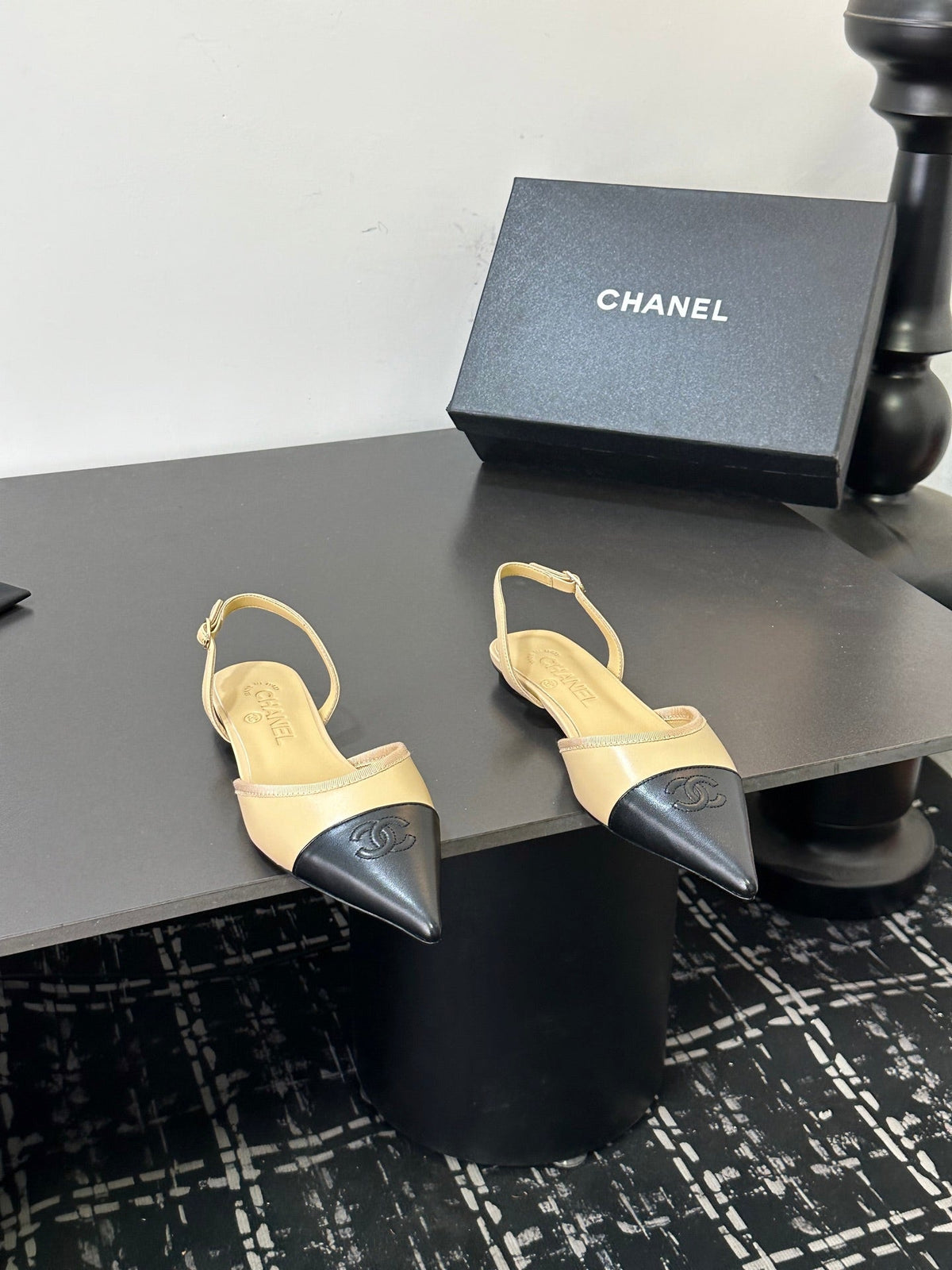 Chanel 26S Pointed-Toe Slingbacks In Beige And Black Lambskin