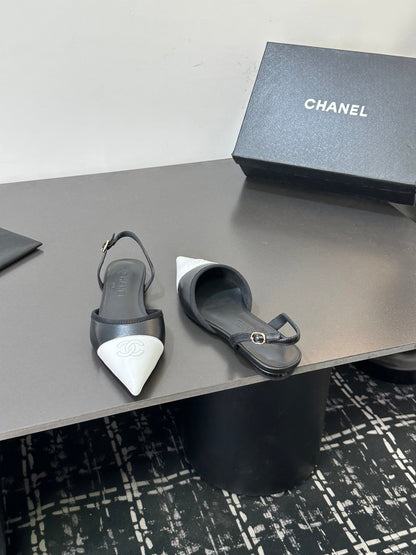 Chanel 26S Slingback Flats In Black And White Lambskin