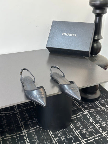 Chanel 26S Slingback Flats In Black Lambskin