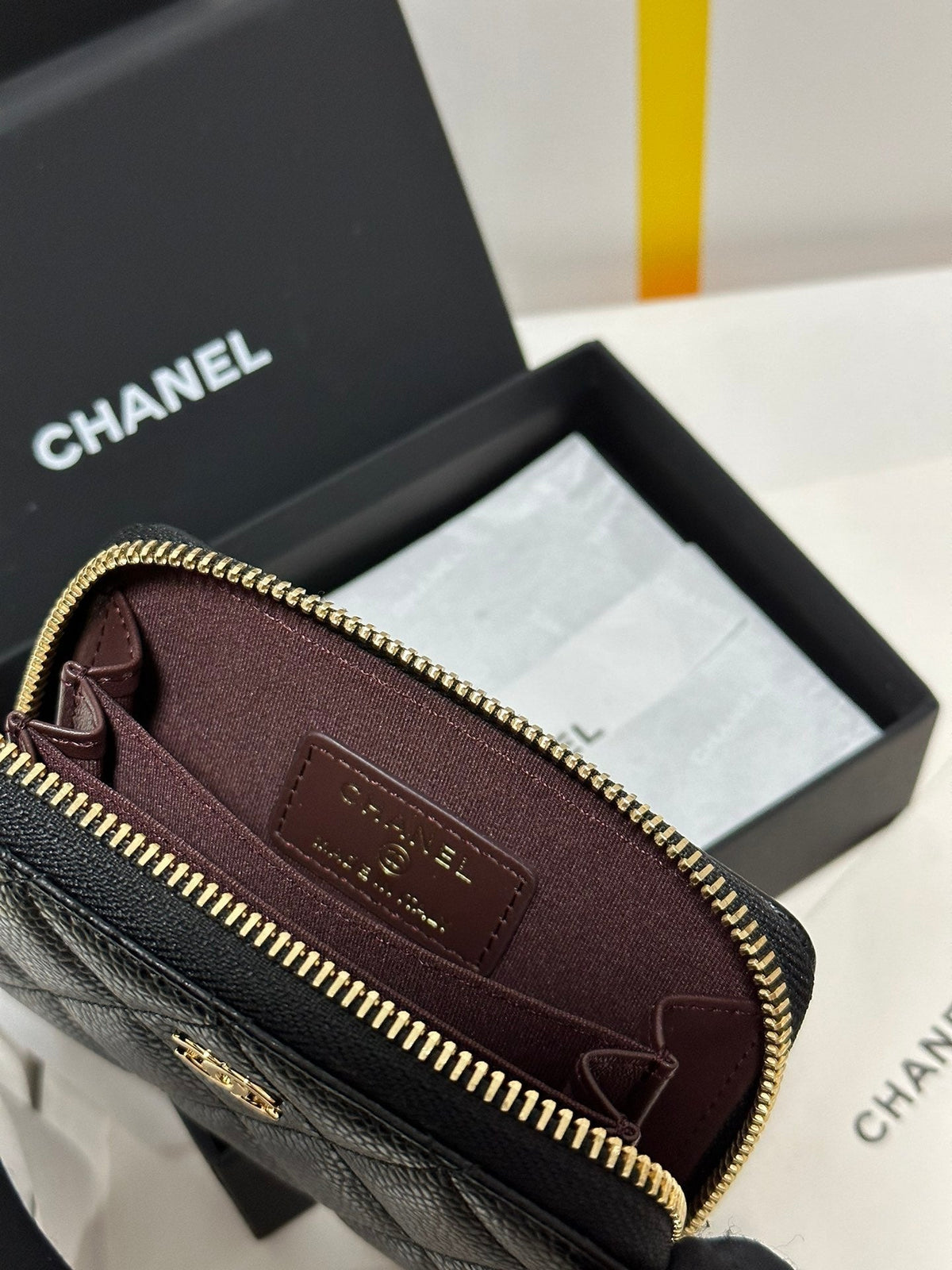 CC Classic Zipped Coin Purse Black  Quilted Caviar Gold Buckle 243691