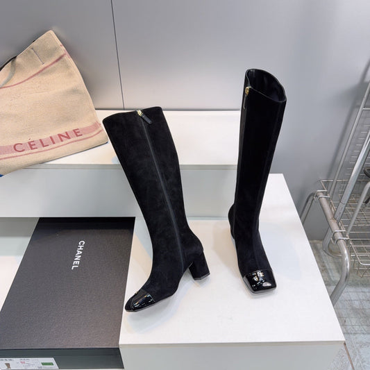 CC 26s Cap-Toe Knee-High Boots 4.5cm Black Stretch Suede 966839