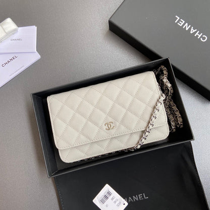CC Wallet On Chain 20cm White Caviar Leather Silver Hardware 240159