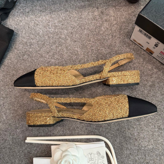CC 26S Slingback Flats 2cm Gold Black Tweed 118951
